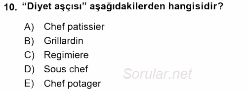 Yiyecek ve İçecek Yönetimi 2016 - 2017 Dönem Sonu Sınavı 10.Soru