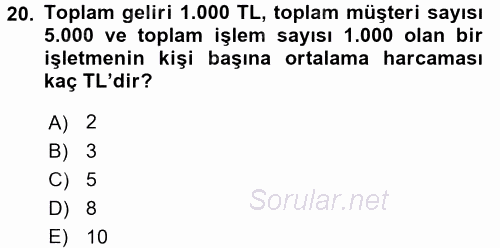 Yiyecek ve İçecek Yönetimi 2016 - 2017 Dönem Sonu Sınavı 20.Soru