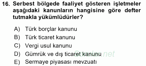 Dış Ticaret İşlemleri 2017 - 2018 3 Ders Sınavı 16.Soru