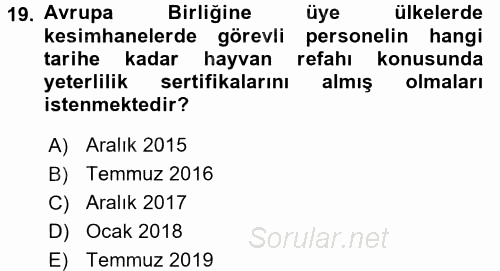 Hayvan Davranışları ve Refahı 2015 - 2016 Dönem Sonu Sınavı 19.Soru