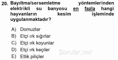 Hayvan Davranışları ve Refahı 2015 - 2016 Dönem Sonu Sınavı 20.Soru