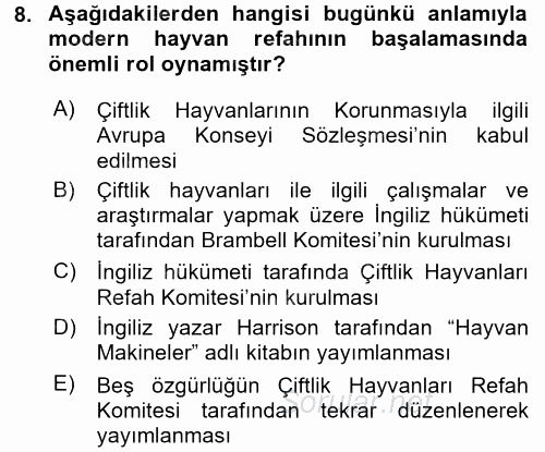 Hayvan Davranışları ve Refahı 2015 - 2016 Dönem Sonu Sınavı 8.Soru