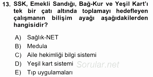 Sağlık Kurumlarında Bilgi Sistemleri 2015 - 2016 Dönem Sonu Sınavı 13.Soru