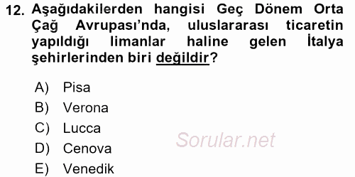 Orta Çağ-Yeni Çağ Avrupa Tarihi 2016 - 2017 Ara Sınavı 12.Soru