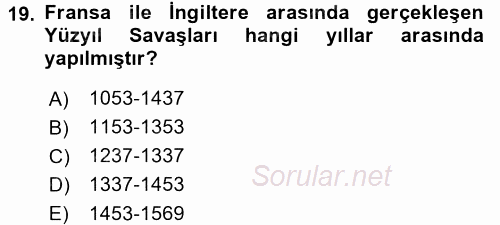 Orta Çağ-Yeni Çağ Avrupa Tarihi 2016 - 2017 Ara Sınavı 19.Soru