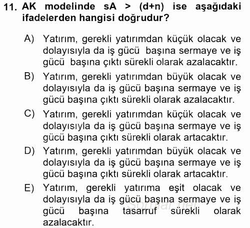 İktisadi Büyüme 2016 - 2017 Dönem Sonu Sınavı 11.Soru