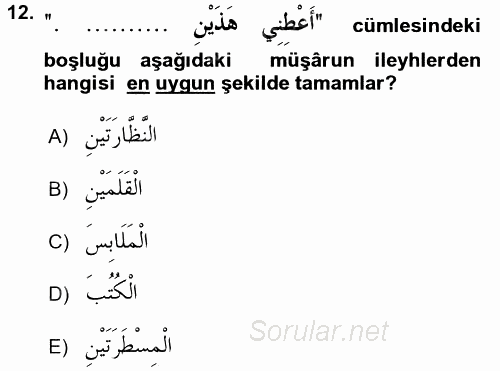 Arapça 2 2016 - 2017 Dönem Sonu Sınavı 12.Soru