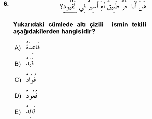 Arapça 2 2016 - 2017 Dönem Sonu Sınavı 6.Soru