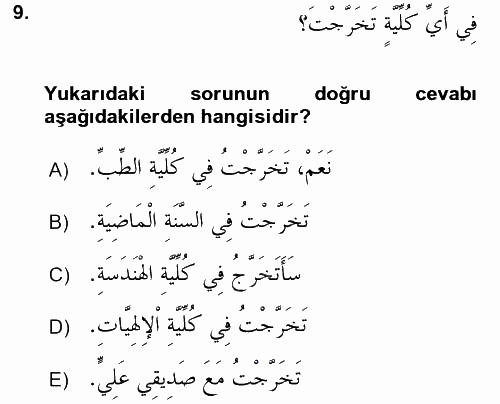 Arapça 2 2016 - 2017 Dönem Sonu Sınavı 9.Soru