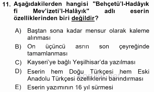VIII-XIII. Yüzyıllar Türk Edebiyatı 2017 - 2018 Ara Sınavı 11.Soru