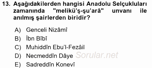 VIII-XIII. Yüzyıllar Türk Edebiyatı 2017 - 2018 Ara Sınavı 13.Soru