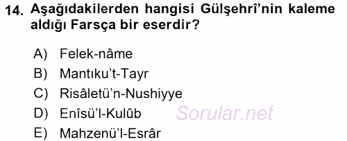 VIII-XIII. Yüzyıllar Türk Edebiyatı 2017 - 2018 Ara Sınavı 14.Soru