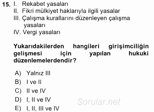 Girişimcilik 2015 - 2016 Dönem Sonu Sınavı 15.Soru