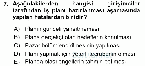 Girişimcilik 2015 - 2016 Dönem Sonu Sınavı 7.Soru