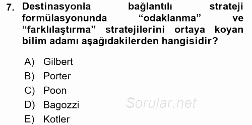 Destinasyon Yönetimi 2016 - 2017 Dönem Sonu Sınavı 7.Soru