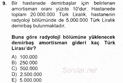 Sağlık Kurumlarında Maliyet Yönetimi 2012 - 2013 Dönem Sonu Sınavı 9.Soru