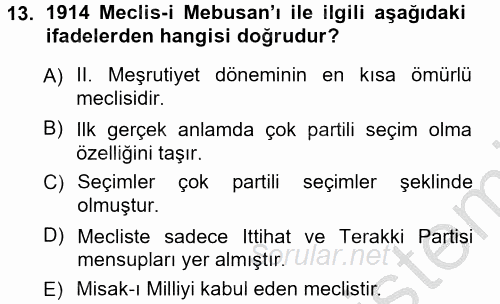 Atatürk İlkeleri Ve İnkılap Tarihi 1 2012 - 2013 Ara Sınavı 13.Soru