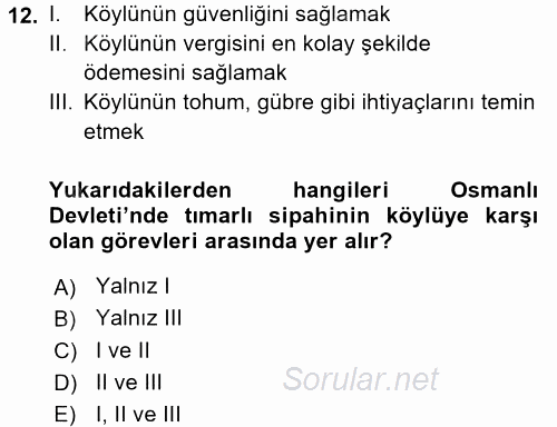 Türk İdare Tarihi 2017 - 2018 3 Ders Sınavı 12.Soru