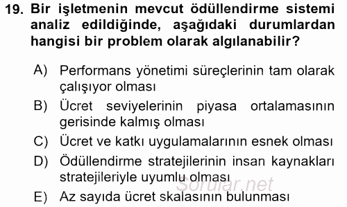 Ücret ve Ödül Yönetimi 2015 - 2016 Tek Ders Sınavı 19.Soru