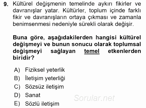 Kültürlerarası İletişim 2015 - 2016 Tek Ders Sınavı 9.Soru