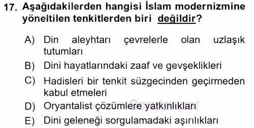 İslam Mezhepleri Tarihi 2016 - 2017 Dönem Sonu Sınavı 17.Soru