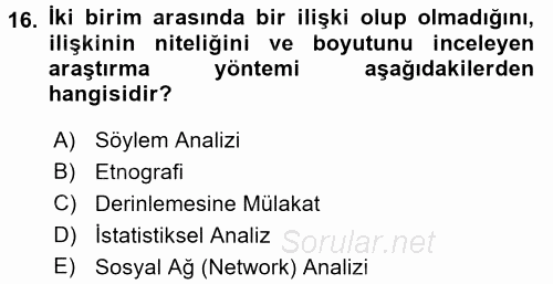 Uluslararası İlişkilerde Araştırma Yöntemleri 2015 - 2016 Tek Ders Sınavı 16.Soru