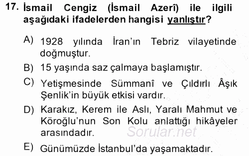 Halk Hikayeleri 2014 - 2015 Ara Sınavı 17.Soru