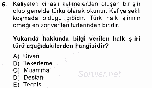 Halk Hikayeleri 2014 - 2015 Ara Sınavı 6.Soru