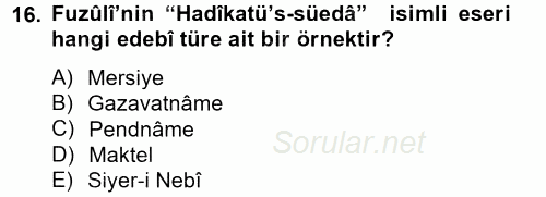 Türk İslam Edebiyatı 2014 - 2015 Tek Ders Sınavı 16.Soru