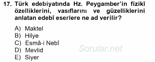 Türk İslam Edebiyatı 2014 - 2015 Tek Ders Sınavı 17.Soru