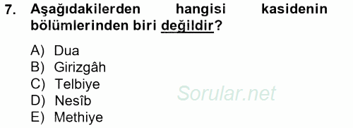 Türk İslam Edebiyatı 2014 - 2015 Tek Ders Sınavı 7.Soru