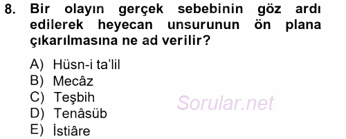 Türk İslam Edebiyatı 2014 - 2015 Tek Ders Sınavı 8.Soru